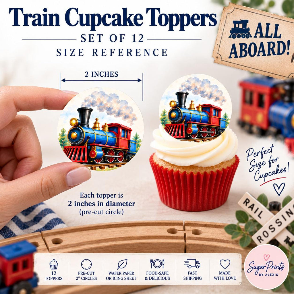 Set of 12 edible watercolor train cupcake toppers with railroad design, perfect for themed dessert decorations by SugarPrints.