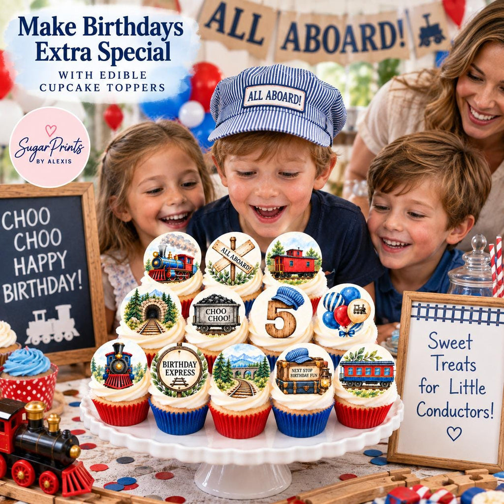 Set of 12 watercolor railroad train cupcake toppers by SugarPrints, featuring colorful edible railroad decor for cupcakes.