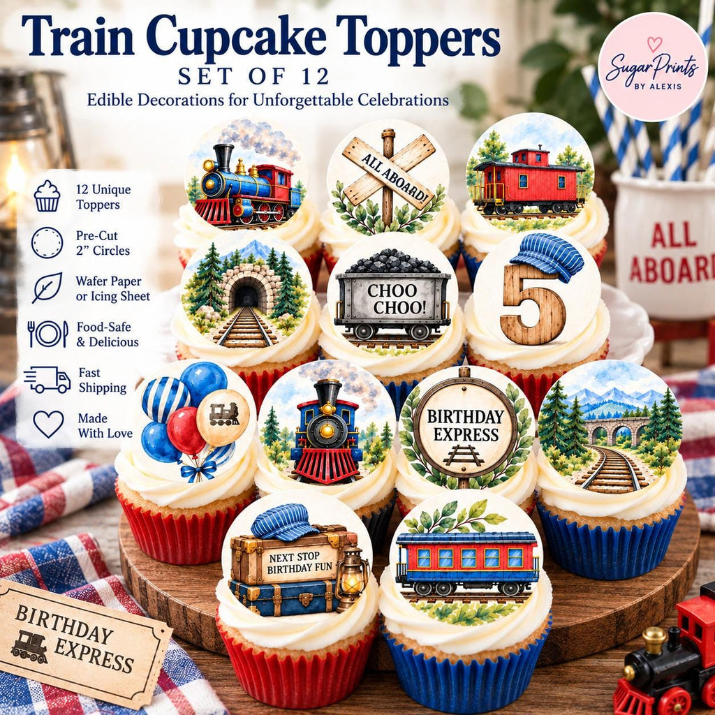 Set of 12 edible watercolor train cupcake toppers featuring railroad decor by SugarPrints for themed birthday treats.