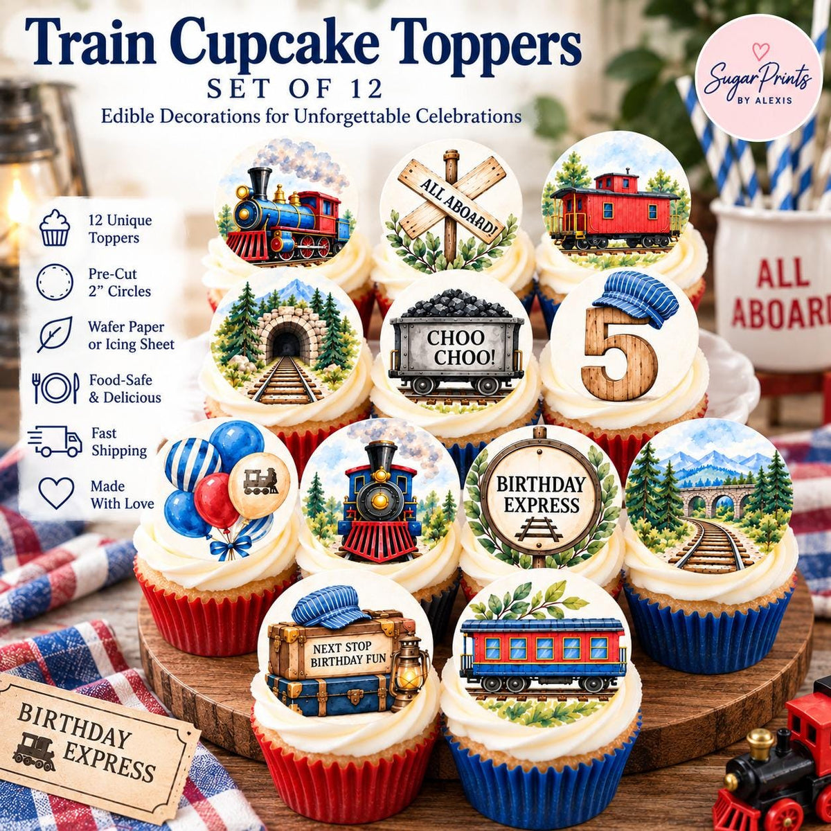 Set of 12 edible watercolor train cupcake toppers featuring railroad decor by SugarPrints for themed birthday treats.