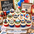 Set of 12 edible watercolor railroad train cupcake toppers by SugarPrints, featuring colorful train and railroad decor for cupcakes.