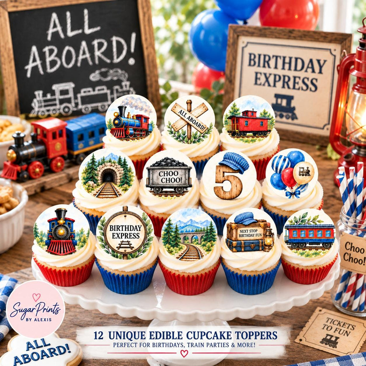 Set of 12 edible watercolor railroad train cupcake toppers by SugarPrints, featuring colorful train and railroad decor for cupcakes.