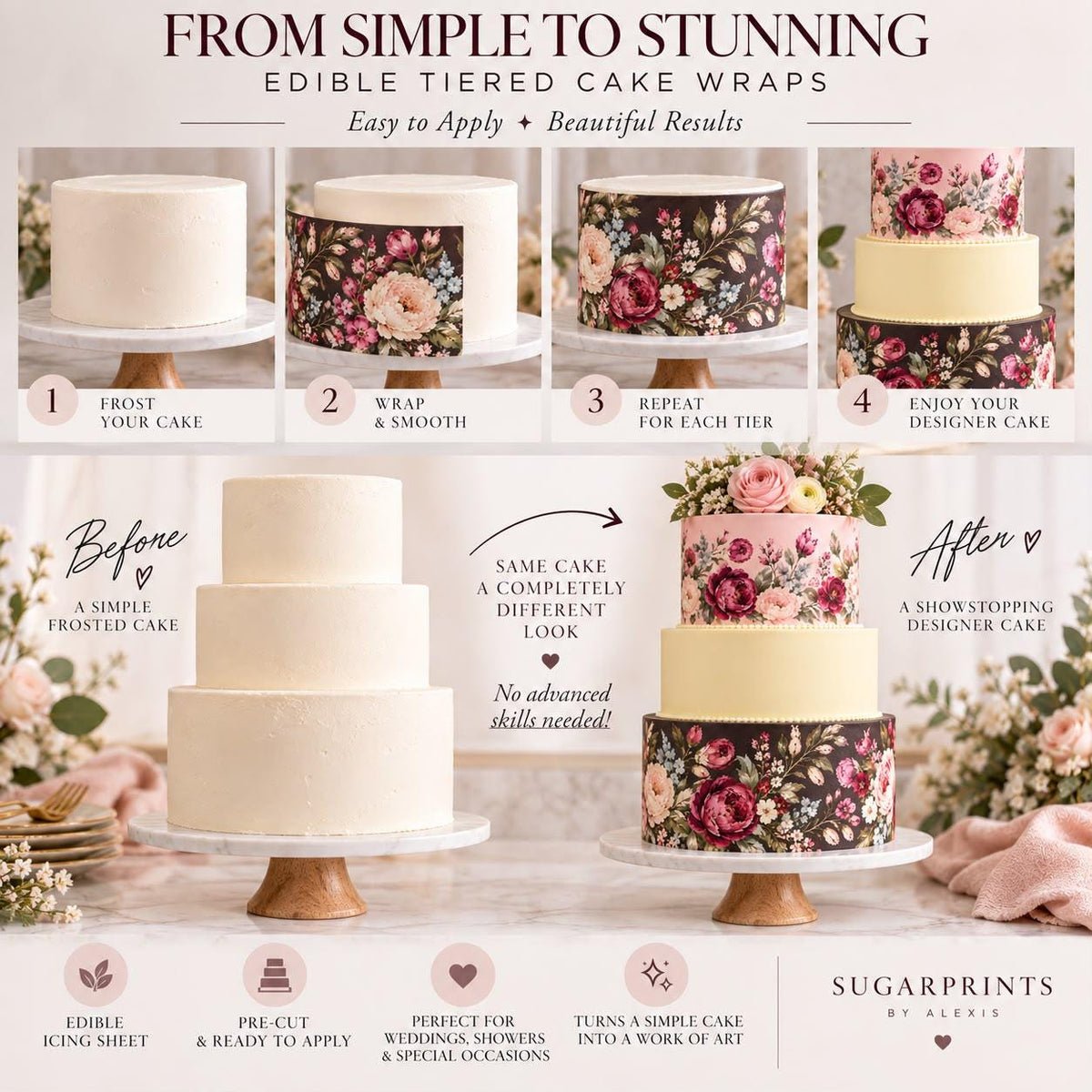 Wildflower TIERED Cake Wrap Set: Edible FLORAL Icing Sheet, Wedding Decor, BOTANICAL Design