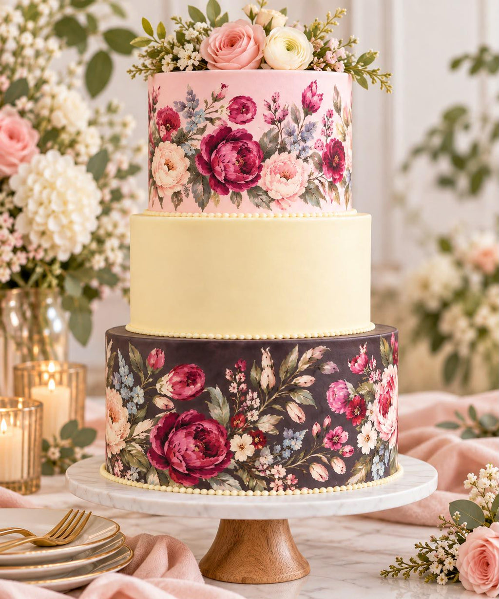 Edible tiered cake wrap set featuring blush pink floral, pale buttercream yellow, and deep cocoa botanical designs. Pre-cut icing sheet wraps are shown for 6, 8, and 10 inch round cakes, creating an elegant coordinated look for weddings, bridal showers, birthdays, anniversaries, and special celebrations. Easy cake decor with floral botanical patterns.