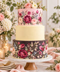 Edible tiered cake wrap set featuring blush pink floral, pale buttercream yellow, and deep cocoa botanical designs. Pre-cut icing sheet wraps are shown for 6, 8, and 10 inch round cakes, creating an elegant coordinated look for weddings, bridal showers, birthdays, anniversaries, and special celebrations. Easy cake decor with floral botanical patterns.