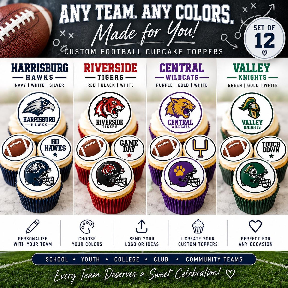 any team any colors for the custome edible football cupcake toppers by SugarPrints by Alexis