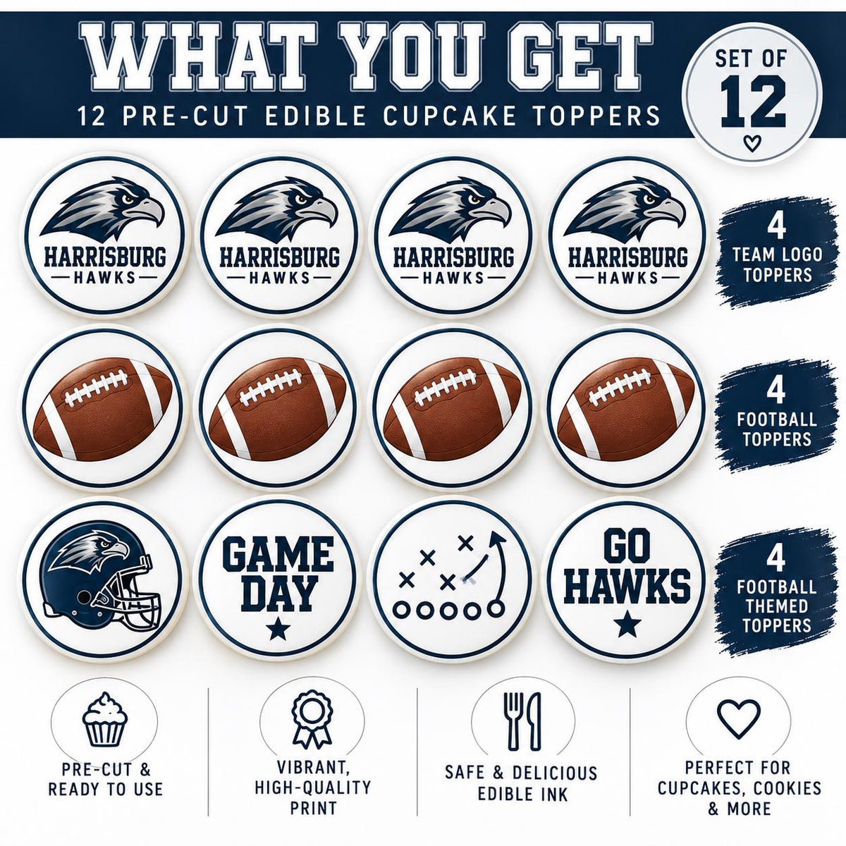 what you get with the custom football edible cupcake toppers