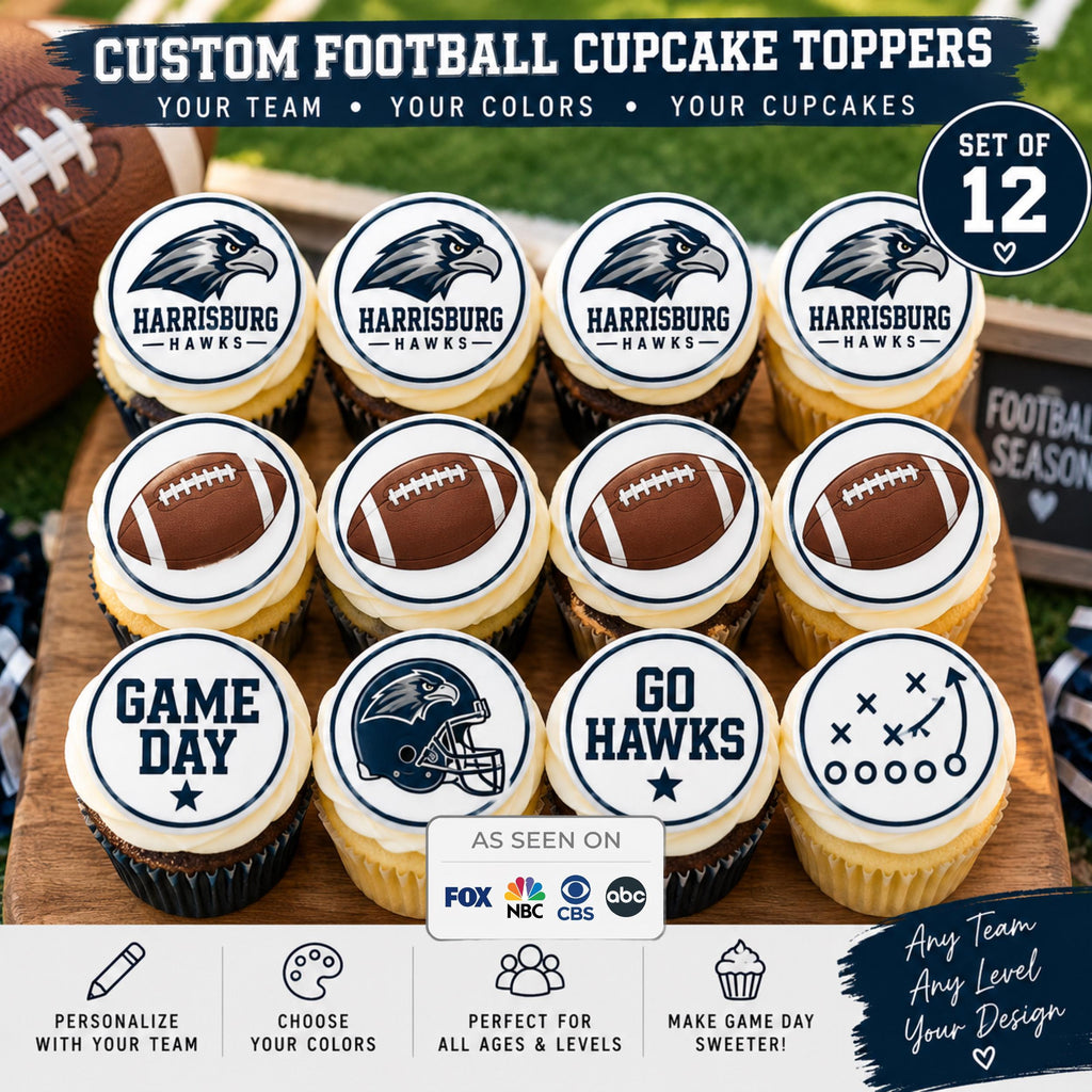 CUSTOM FOOTBALL CUPCAKE Toppers, Personalized Team Logo & Colors, Set of 12, Party Decorations Your Football Team on a Cupcake