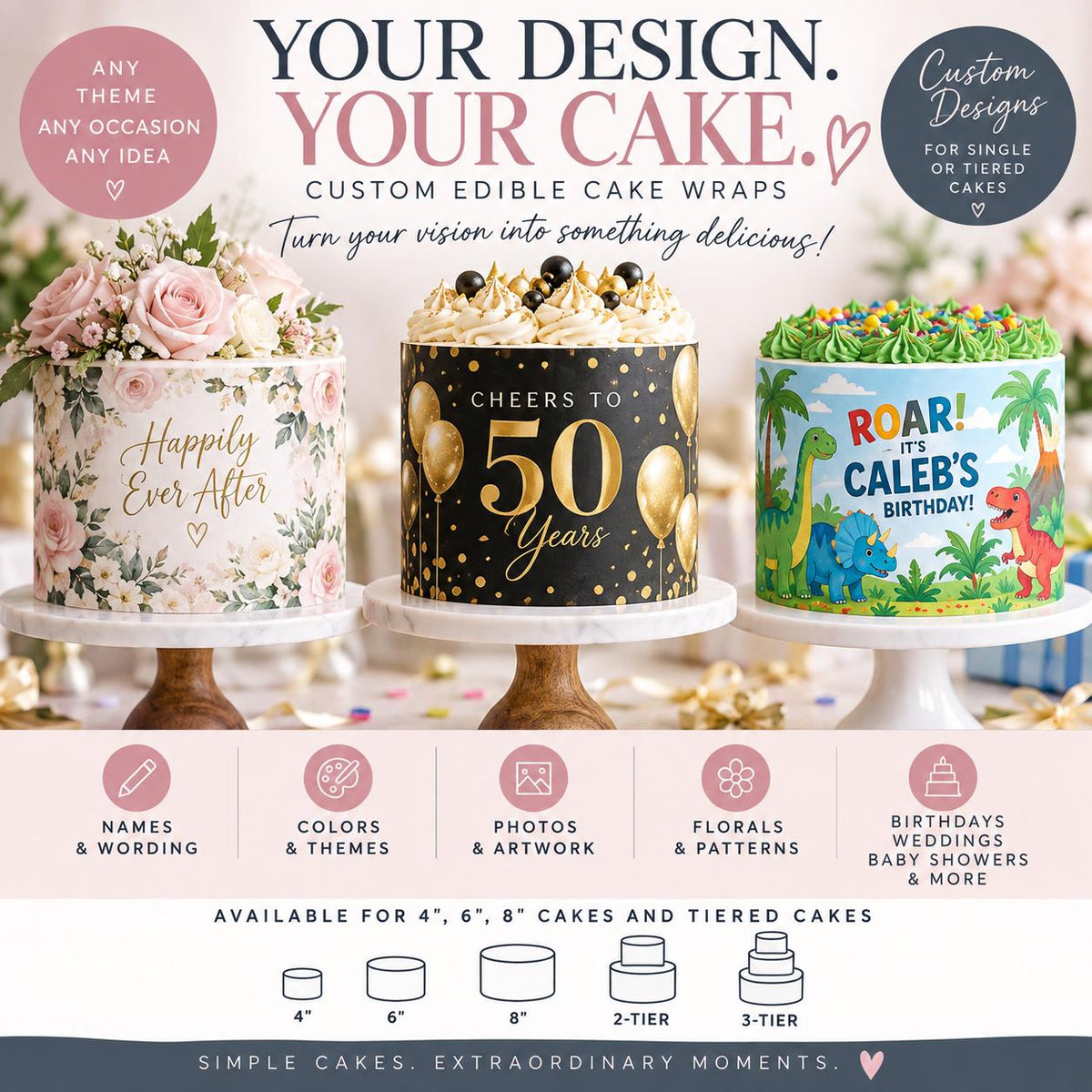CUSTOM EDIBLE Cake Wrap: PERSONALIZED Icing Sheet and Custom Cake Design, Tiered & Birthday Party Cake Decor