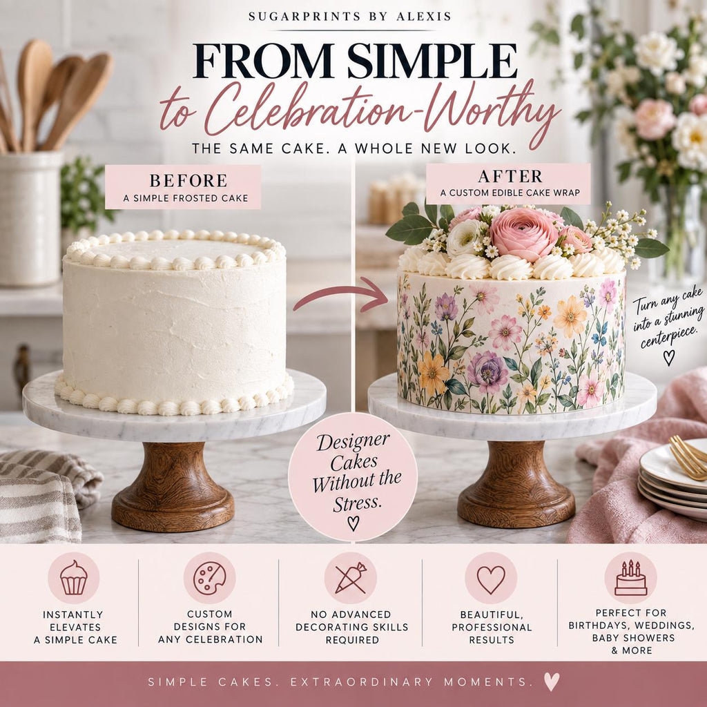 CUSTOM EDIBLE Cake Wrap: PERSONALIZED Icing Sheet and Custom Cake Design, Tiered & Birthday Party Cake Decor