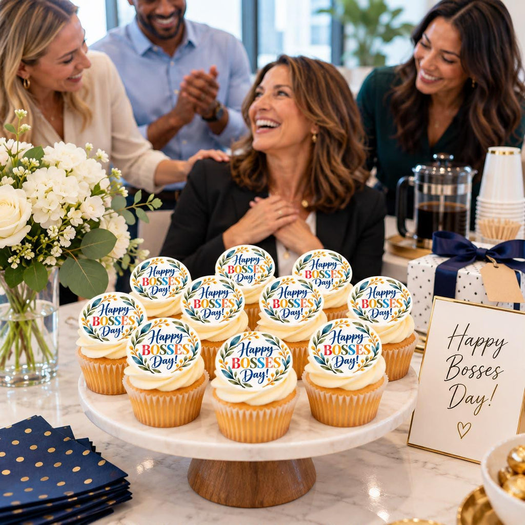 Set of 12 Boss’s Day edible cupcake toppers by SugarPrints, featuring office-themed designs for celebration treats.