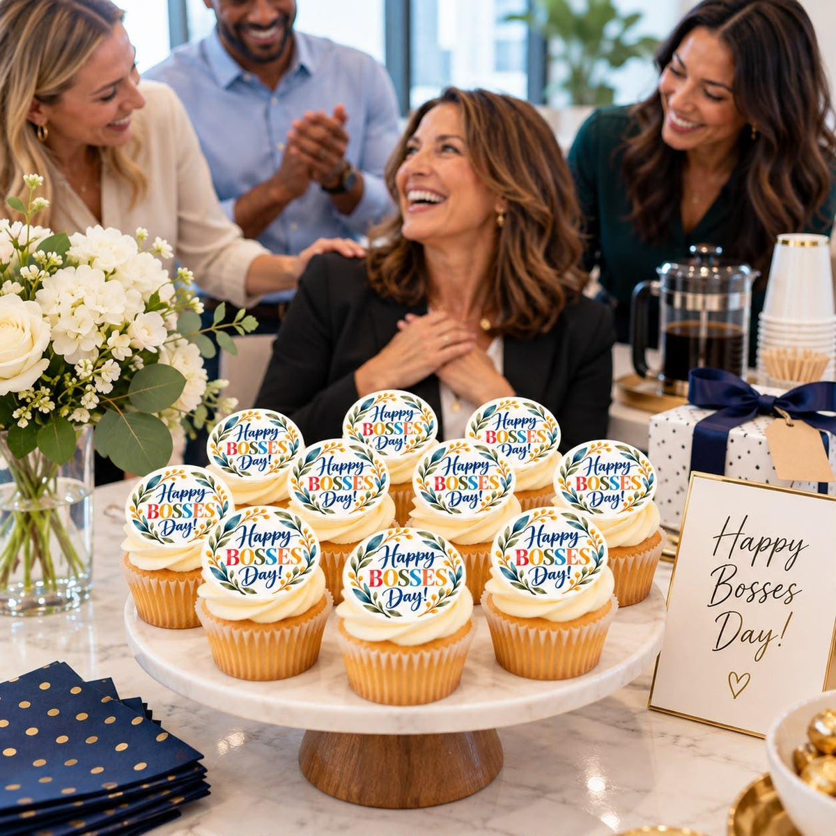 Set of 12 Boss’s Day edible cupcake toppers by SugarPrints, featuring office-themed designs for celebration treats.