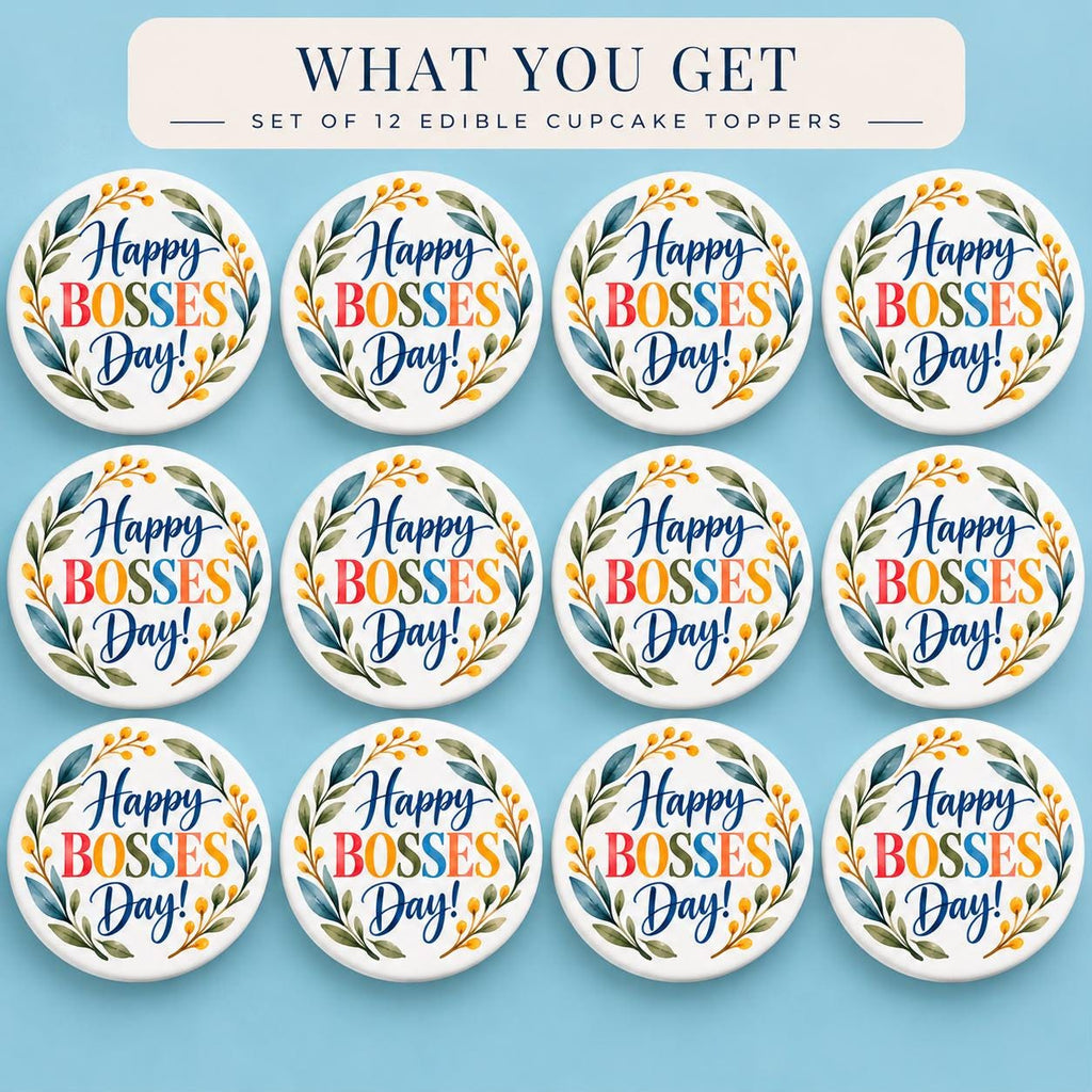Set of 12 Boss’s Day cupcake toppers by SugarPrints, featuring office-themed designs for celebrating coworkers at parties.