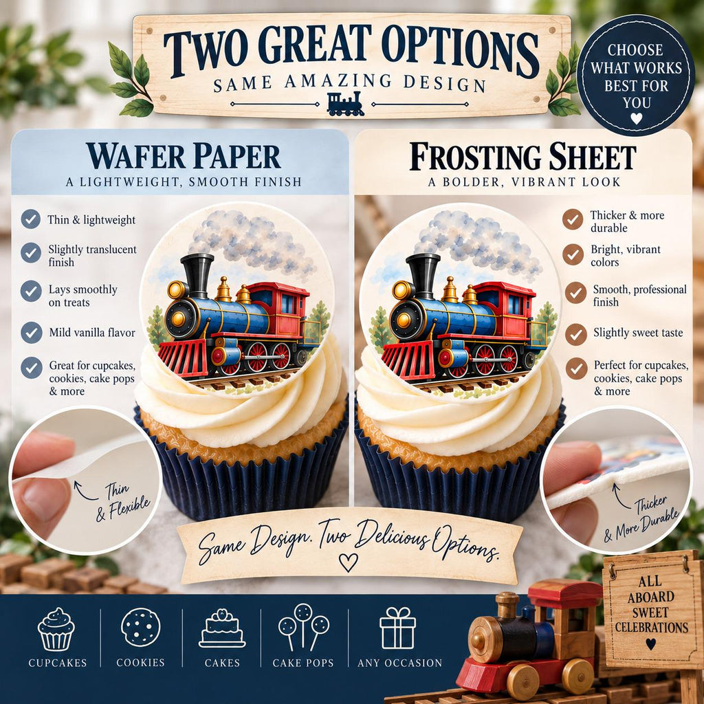 Set of 12 watercolor railroad train cupcake toppers by SugarPrints, festive edible cake decorations featuring colorful train designs.