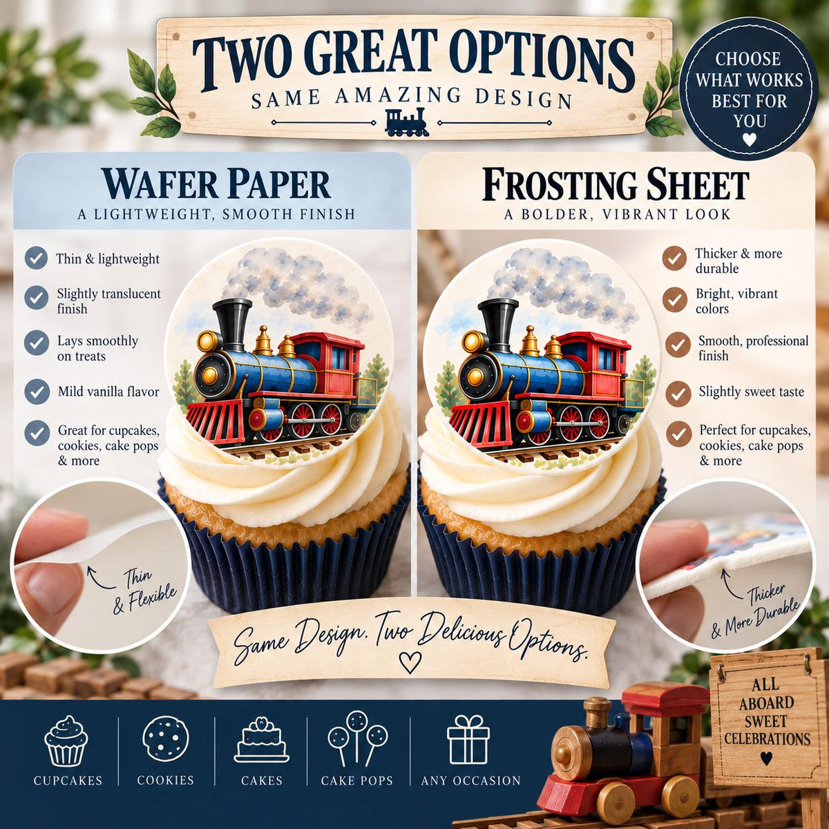 Set of 12 watercolor railroad train cupcake toppers by SugarPrints, festive edible cake decorations featuring colorful train designs.