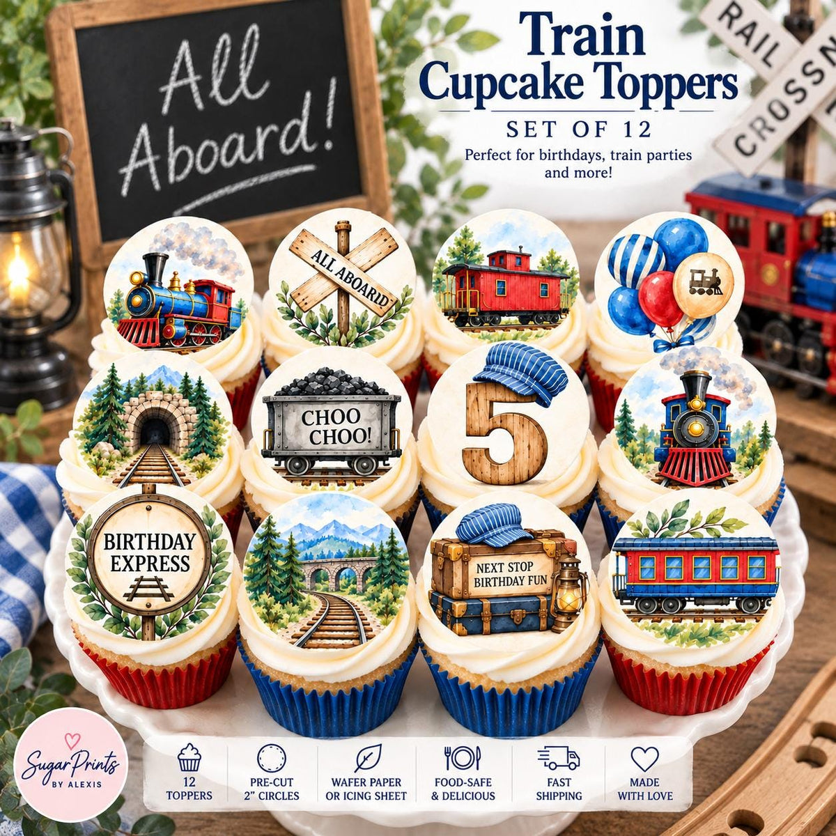 Set of 12 edible watercolor train cupcake toppers with railroad design, perfect for train-themed dessert decorations.