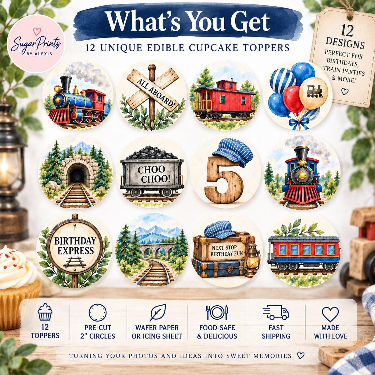 Set of 12 edible watercolor train cupcake toppers with railroad design, perfect for themed birthday celebrations.