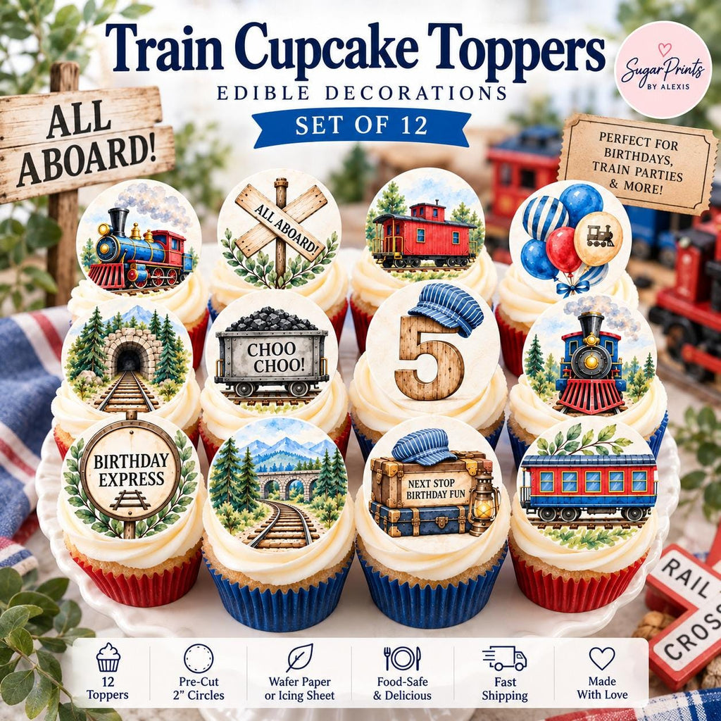 Set of 12 edible watercolor train cupcake toppers with railroad design, ideal for train-themed dessert decorations.