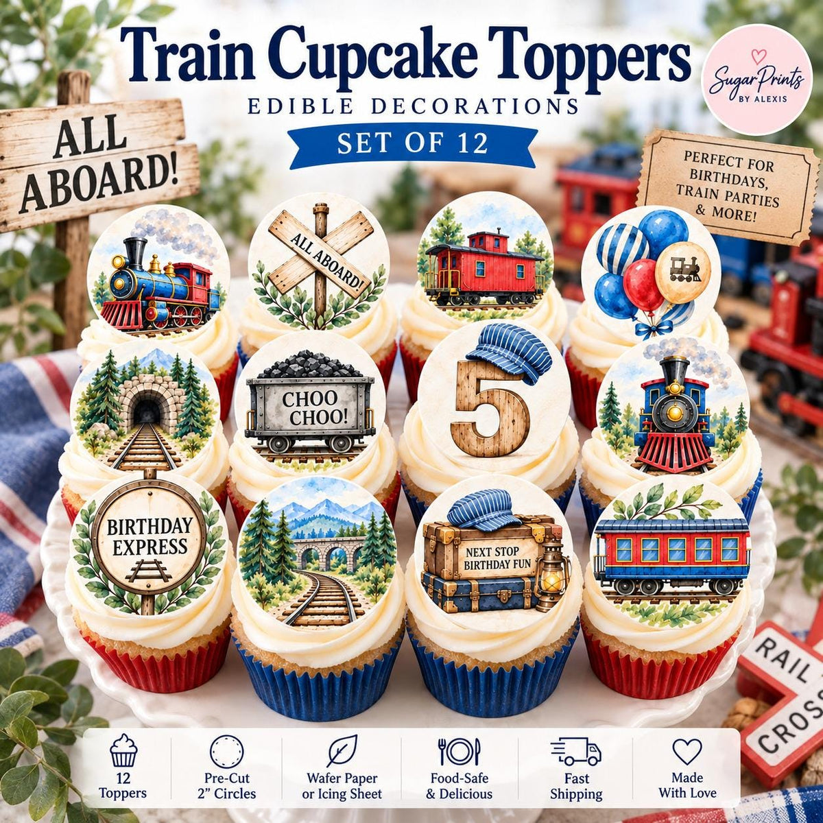 Set of 12 edible watercolor train cupcake toppers with railroad design, ideal for train-themed dessert decorations.