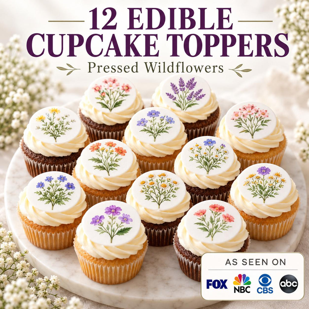Set of 12 Wildflower edible cupcake toppers featuring 2-inch floral circle designs by SugarPrints for decorative baked goods.