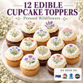 Set of 12 Wildflower edible cupcake toppers featuring 2-inch floral circle designs by SugarPrints for decorative baked goods.