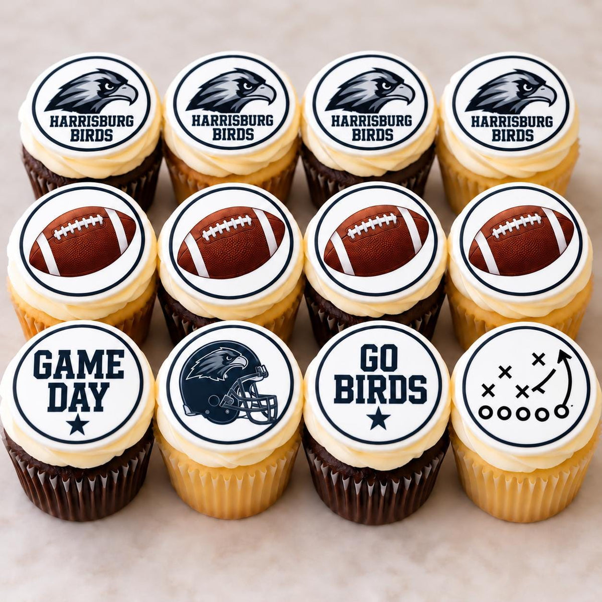 Personalized edible cupcake and cookie toppers with custom icing sheets by SugarPrints by Alexis, featuring custom photo designs.