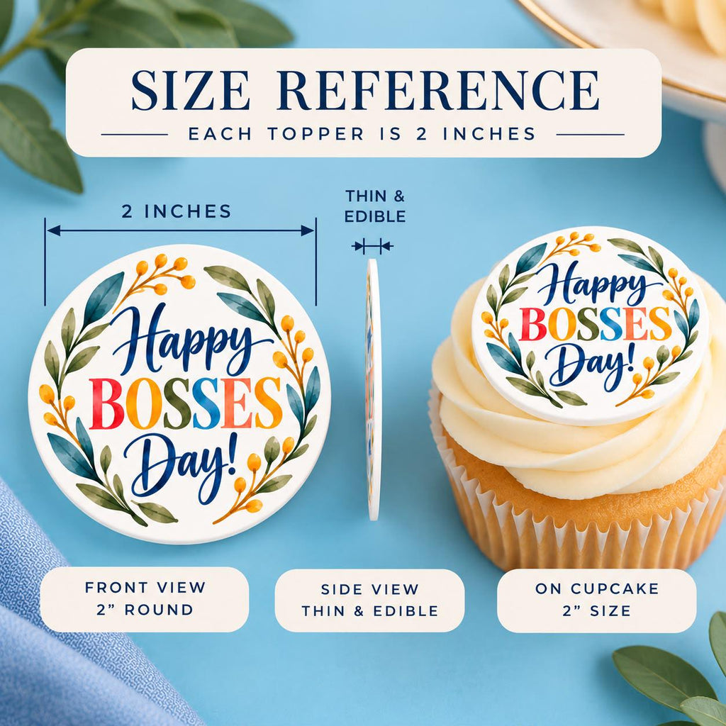 Set of 12 Boss’s Day edible cupcake toppers by SugarPrints, featuring office-themed designs for celebrating workplace achievements.