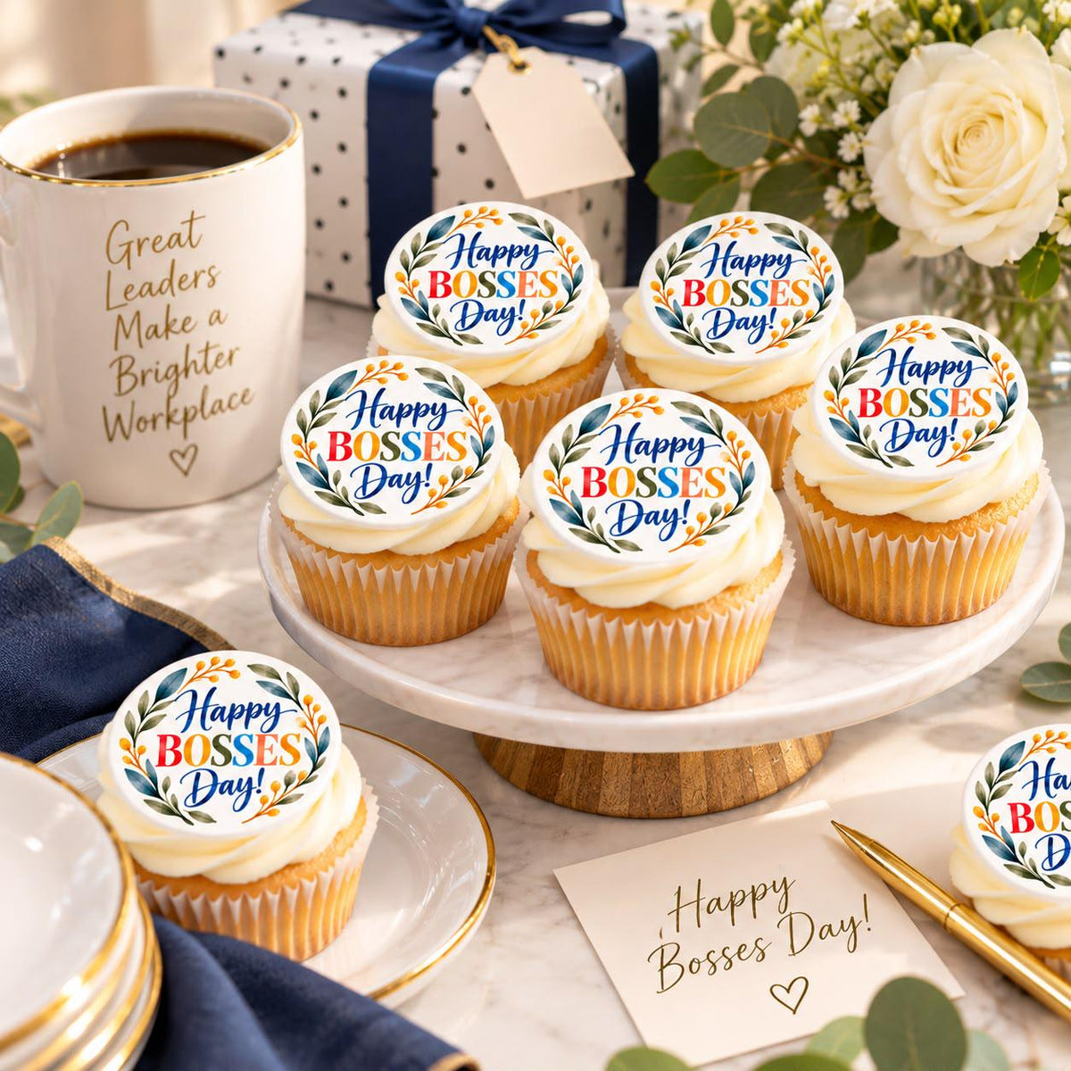 Set of 12 Boss’s Day edible cupcake toppers by SugarPrints, featuring office-themed designs for workplace celebration treats.