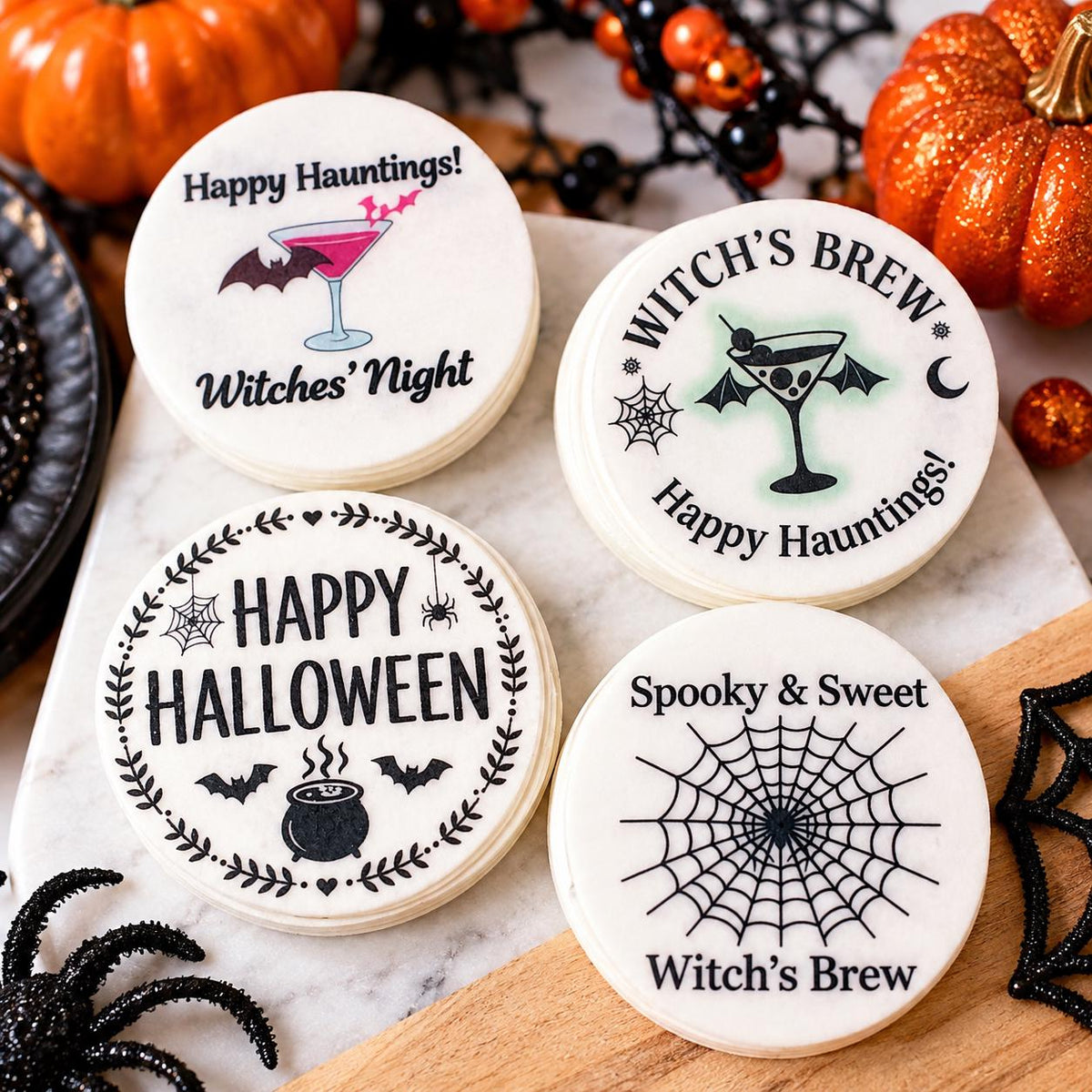 Halloween edible drink toppers by SugarPrints, wafer paper cocktail decorations floating on a beverage with spooky designs