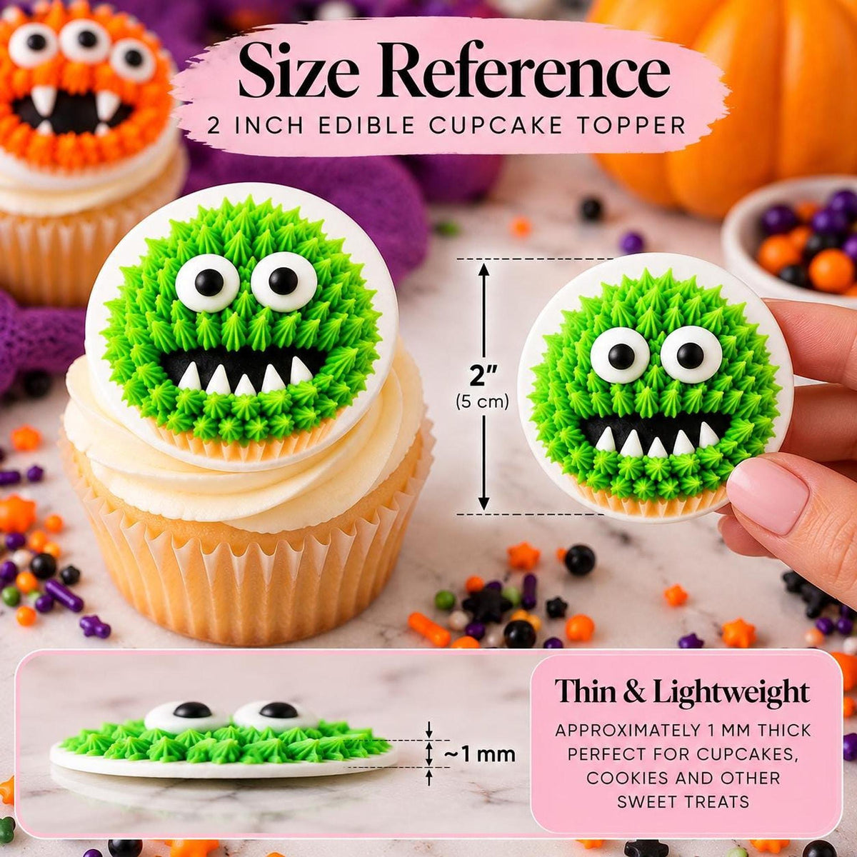 Set of 12 Halloween edible cute monster cupcake toppers made of wafer paper or icing sheet by SugarPrints by Alexis.