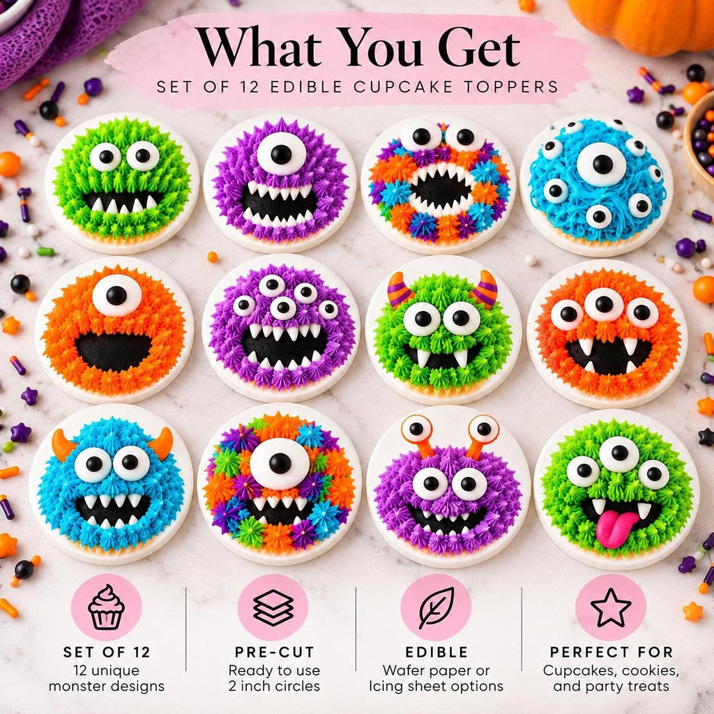 Set of 12 Halloween edible monster cupcake toppers on wafer paper and icing sheets, featuring cute monster designs by SugarPrints.