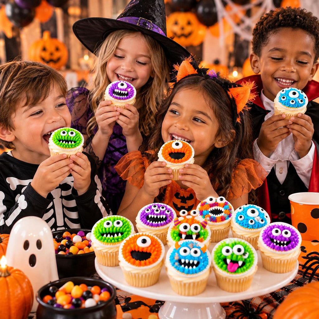 Set of 12 Halloween edible cute monster cupcake toppers made of wafer paper or icing sheet by SugarPrints by Alexis.
