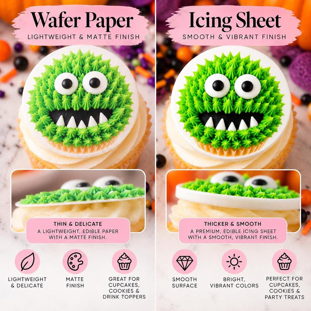 Set of 12 Halloween edible monster cupcake toppers featuring cute monster designs on wafer paper or icing sheets.