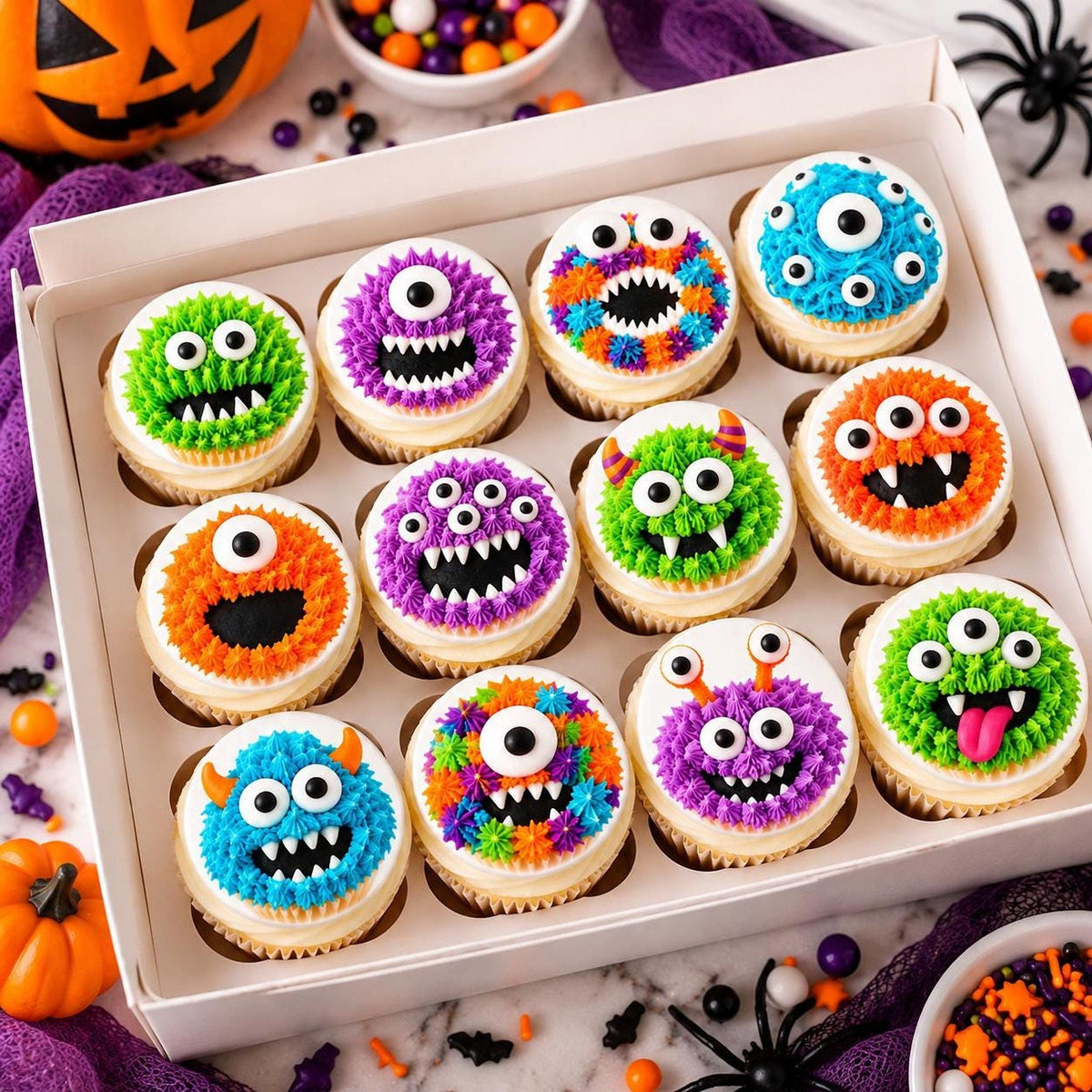Set of 12 Halloween edible cute monster cupcake toppers on wafer paper and icing sheets by SugarPrints.
