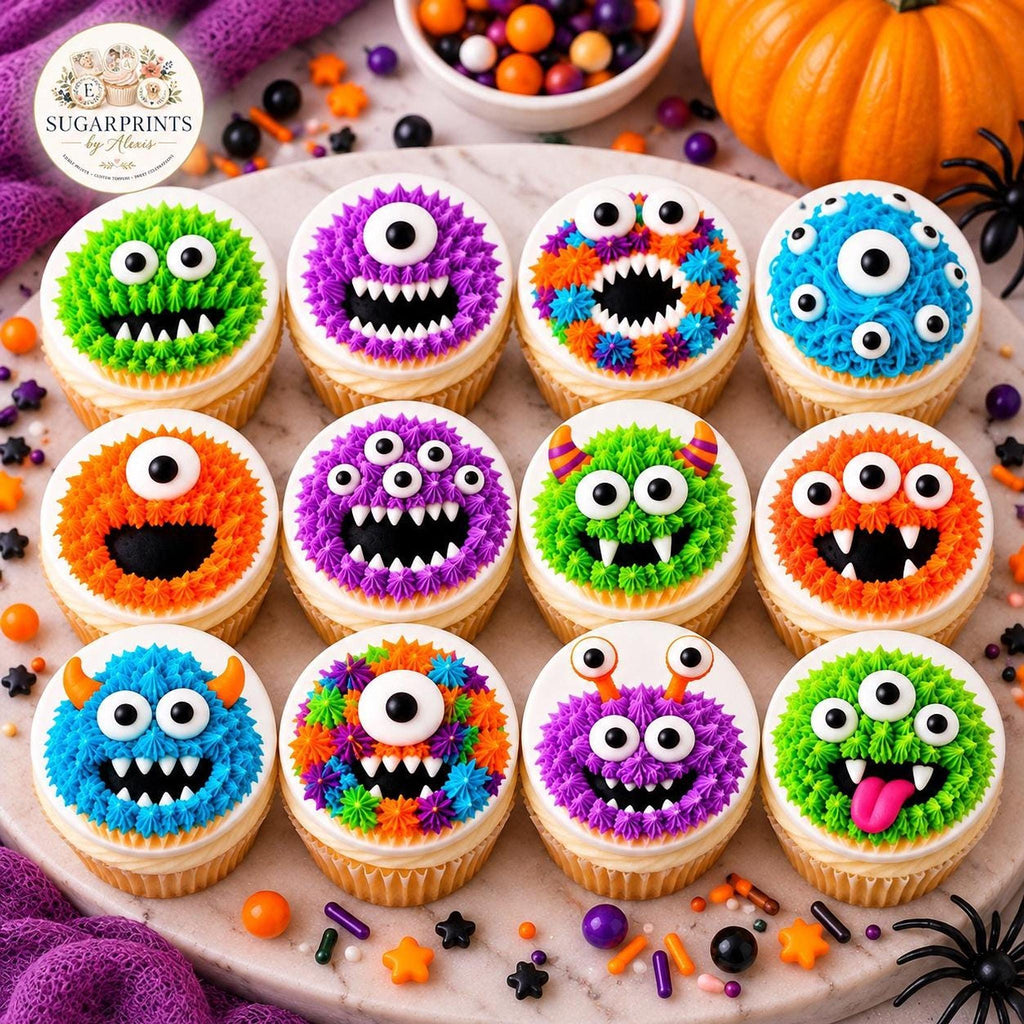 Set of 12 Halloween edible cute monster cupcake toppers made of wafer paper or icing sheet by SugarPrints by Alexis.