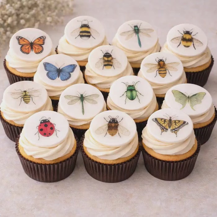 Edible INSECT Cupcake Toppers: VINTAGE BOTANICAL Wafer Paper or Icing Sheets, Set Of 12