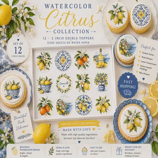 WATERCOLOR CITRUS Cupcake Toppers: EDIBLE Lemon Wafer Paper or Icing Sheets, Set of 12