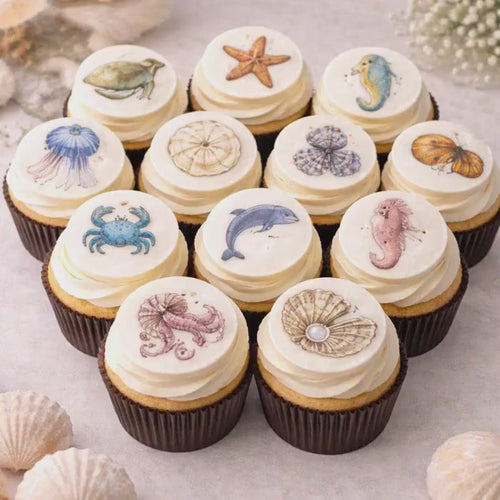EDIBLE SEA CREATURE Cupcake Toppers: Vintage Ocean Designs, Beach Party Dessert Decorations, Set of 12