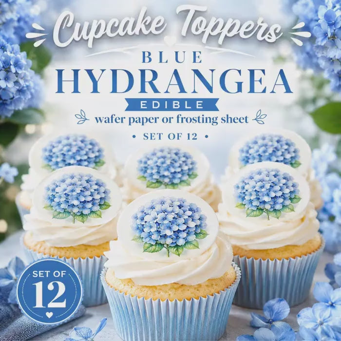 Blue HYDRANGEA EDIBLE Cupcake Toppers: FLOWER Wafer Paper Or Frosting Sheet, Set Of 12