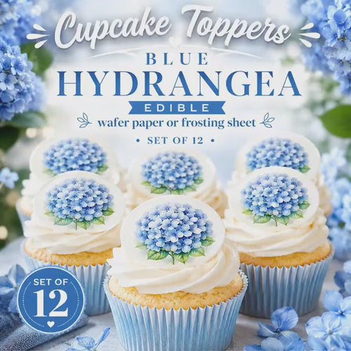 Blue HYDRANGEA EDIBLE Cupcake Toppers: FLOWER Wafer Paper Or Frosting Sheet, Set Of 12