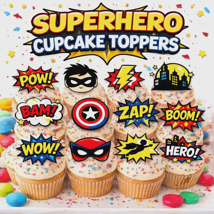 SUPERHERO Cupcake Toppers: Edible COMIC Hero Cake Decor for Boys BIRTHDAY, Party Supplies