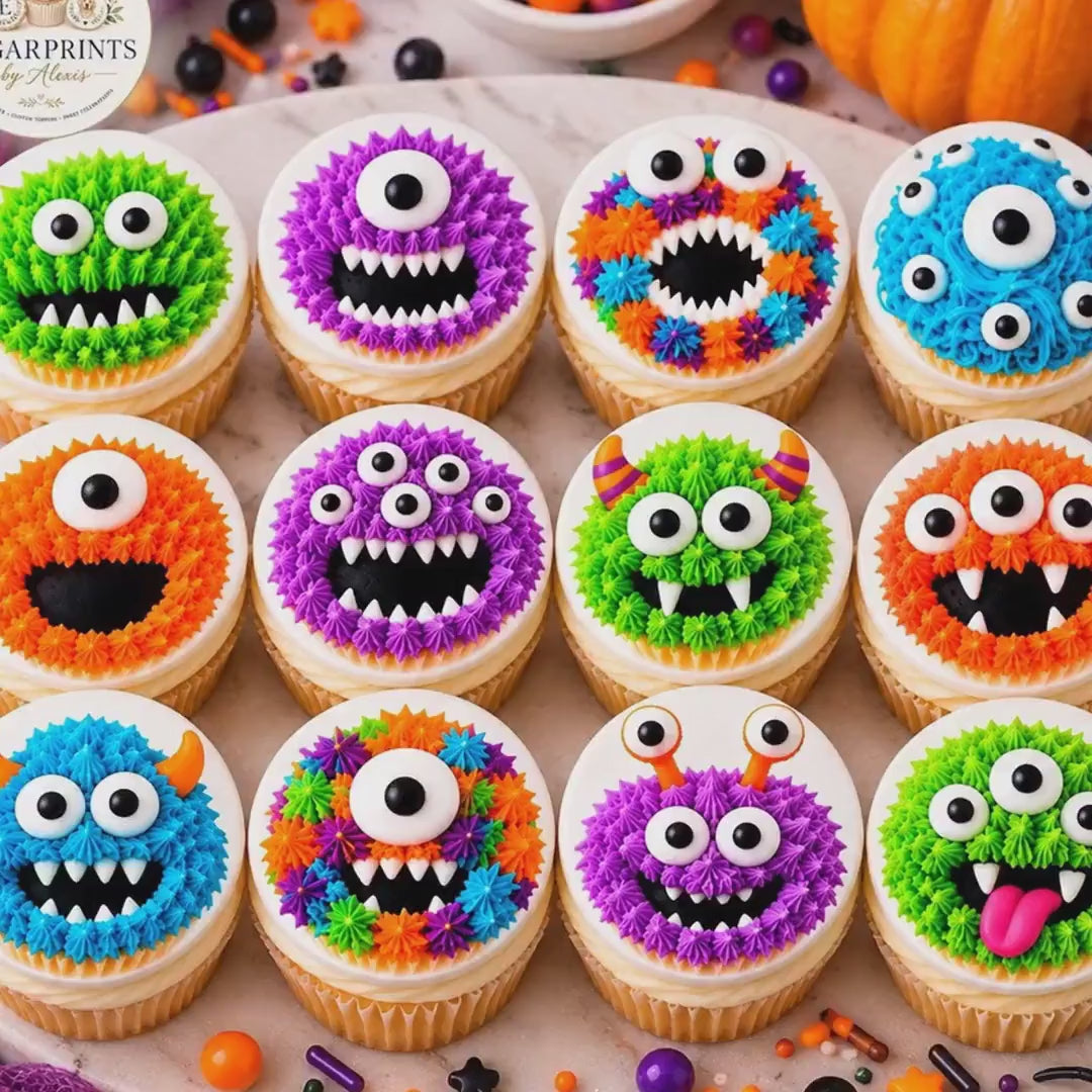 HALLOWEEN Edible Cupcake Toppers Kid’s Monsters Wafer Paper Icing Sheet, Set of 12