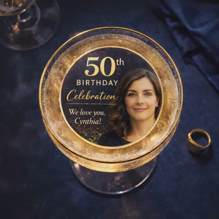 Custom PHOTO Drink TOPPERS: 50th BIRTHDAY & Edible Wafer Paper Circles For Cocktails Party Decorations