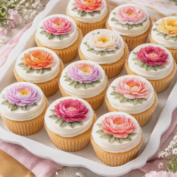 PEONY EDIBLE Cupcake Toppers: Floral Wafer Paper Or Icing Sheet, Cake DECORATIONS Set Of 12