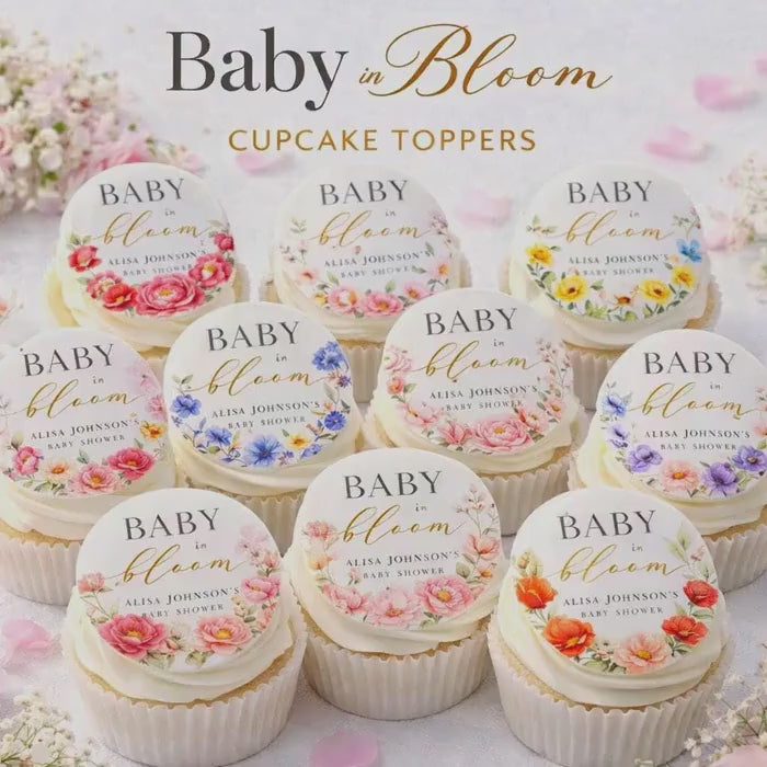 BABY SHOWER EDIBLE Cupcake Toppers: Floral Watercolor Wafer Paper or Frosting Sheet, Set of 12