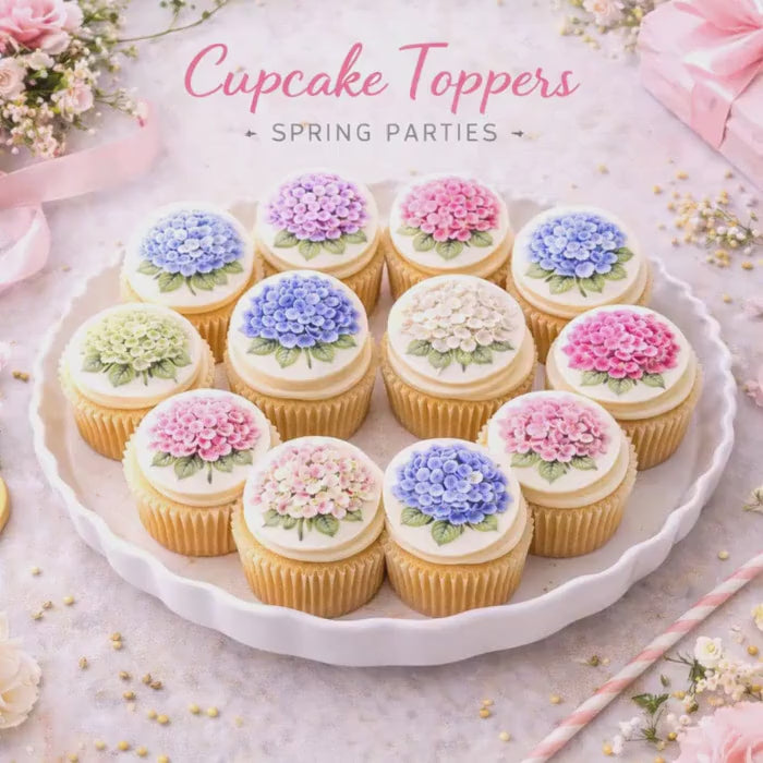 HYDRANGEA EDIBLE Cupcake Toppers: Watercolor FLOWER Wafer Paper Or Frosting Sheet, Set Of 12