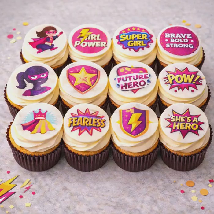 GIRL SUPERHERO Cupcake Toppers EDIBLE Birthday Party Cake Decor Girl Power Party