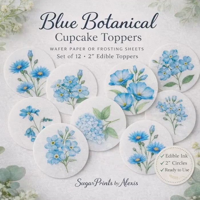 BLUE WILDFLOWER Cupcake Toppers: Edible Floral Circles, Set of 12 for WEDDINGS, Showers, Garden Parties