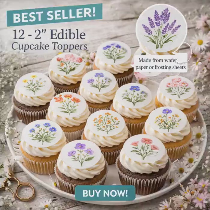 Wildflower Cupcake Toppers, Edible Floral Wafer Paper or Icing Sheet Cake Decorations, Set of 12, 2 Inch