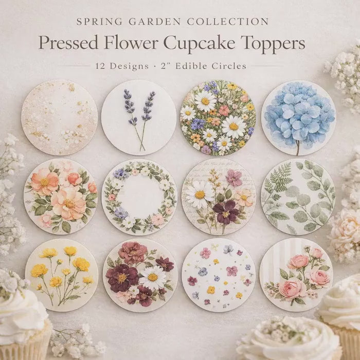 PRESSED FLOWER Cupcake Toppers: Edible Floral Circles For BRIDAL Shower, Garden Party, Set Of 12